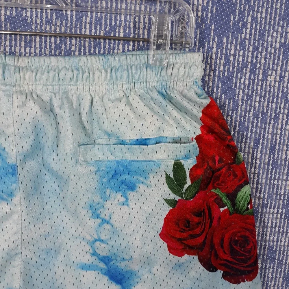 YoungLA Shorts Mens Large Athletic Elastic Waist Blue Red Roses Floral